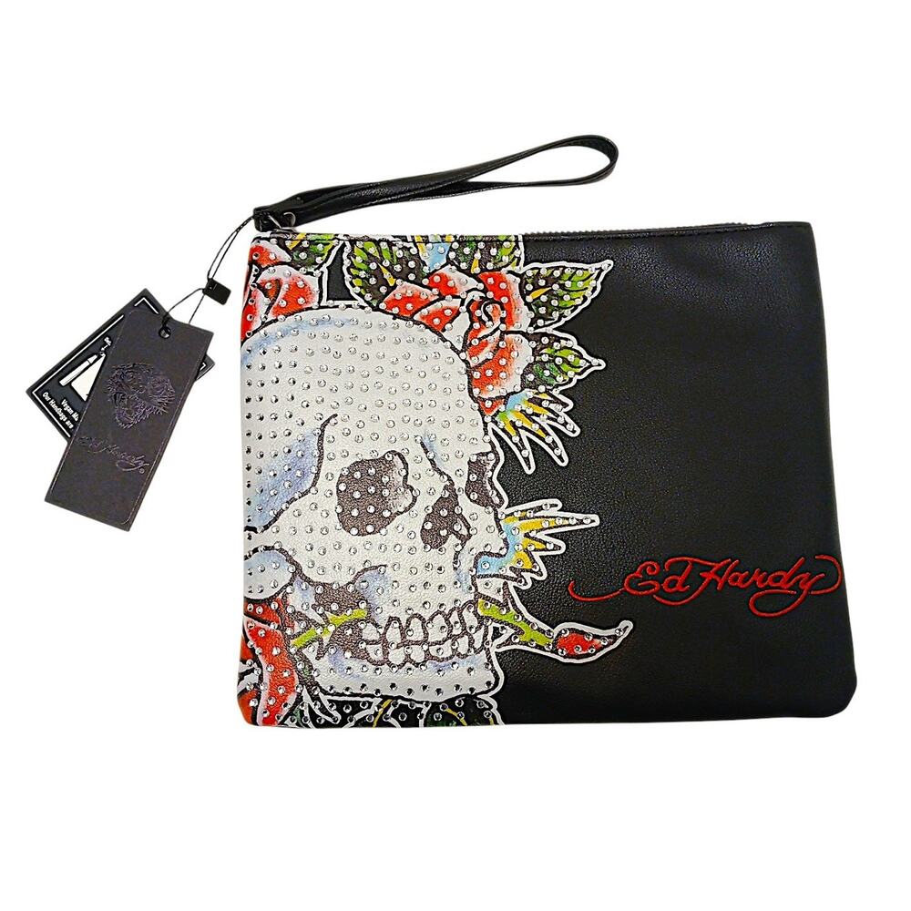NEW! Ed Hardy Wristlet Zip Clutch Sparkle Shiny Beaded Back Moto Skull Rose Punk